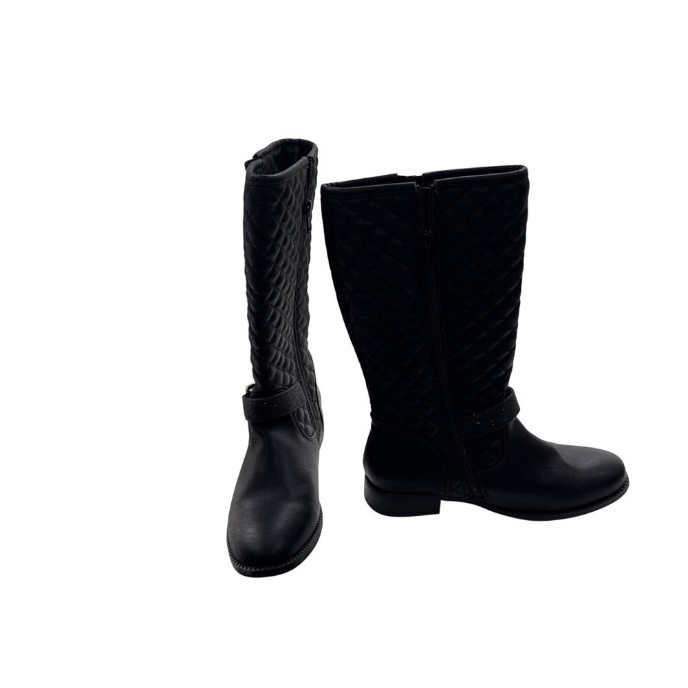 Skechers Girls Black Quilted Knee-High Boots With Gold Buckles & Side Zippers - - Picture 2 of 10